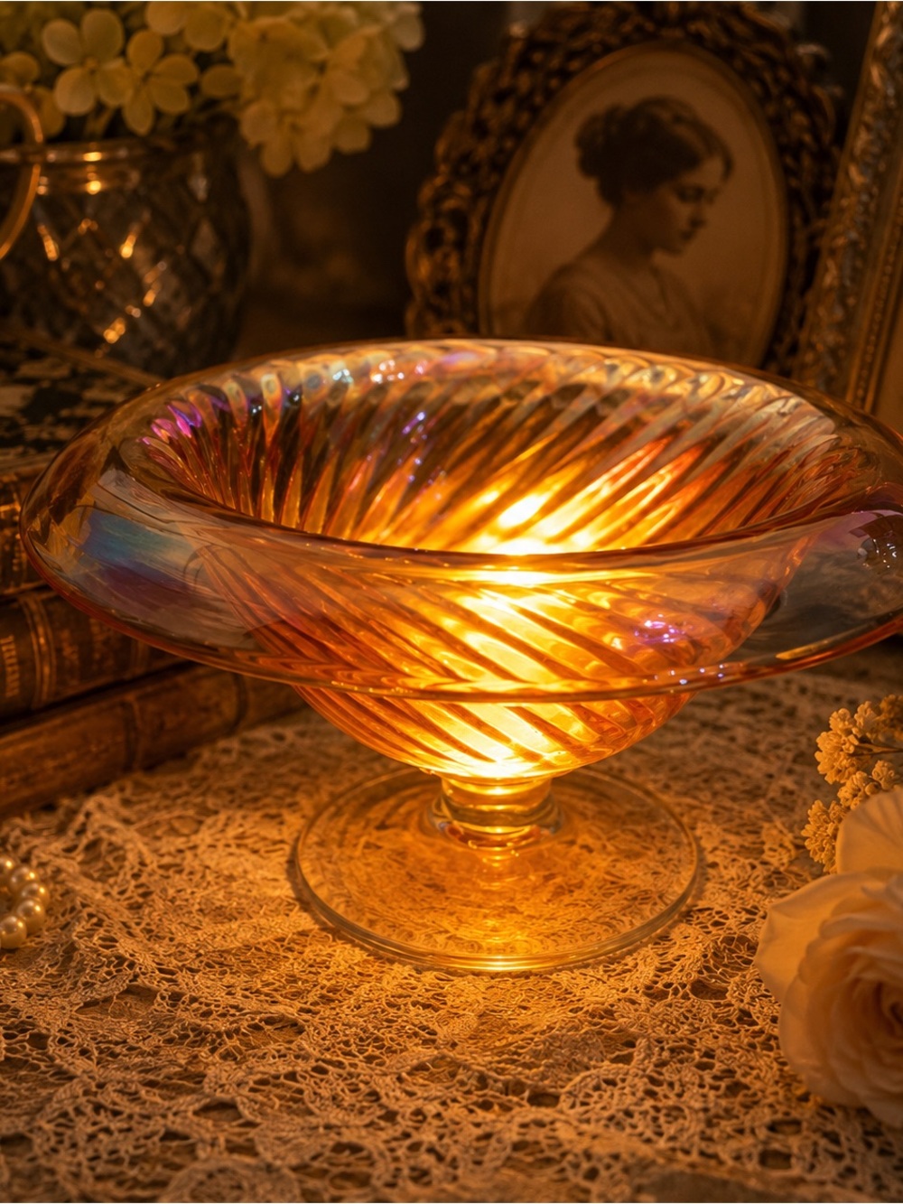 Vintage Marigold Carnival Glass Swirl Bowl Fairy Lamp